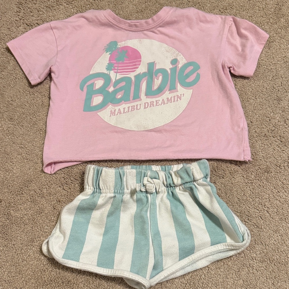 Pink Barbie T-Shirt and Striped Shorts Set